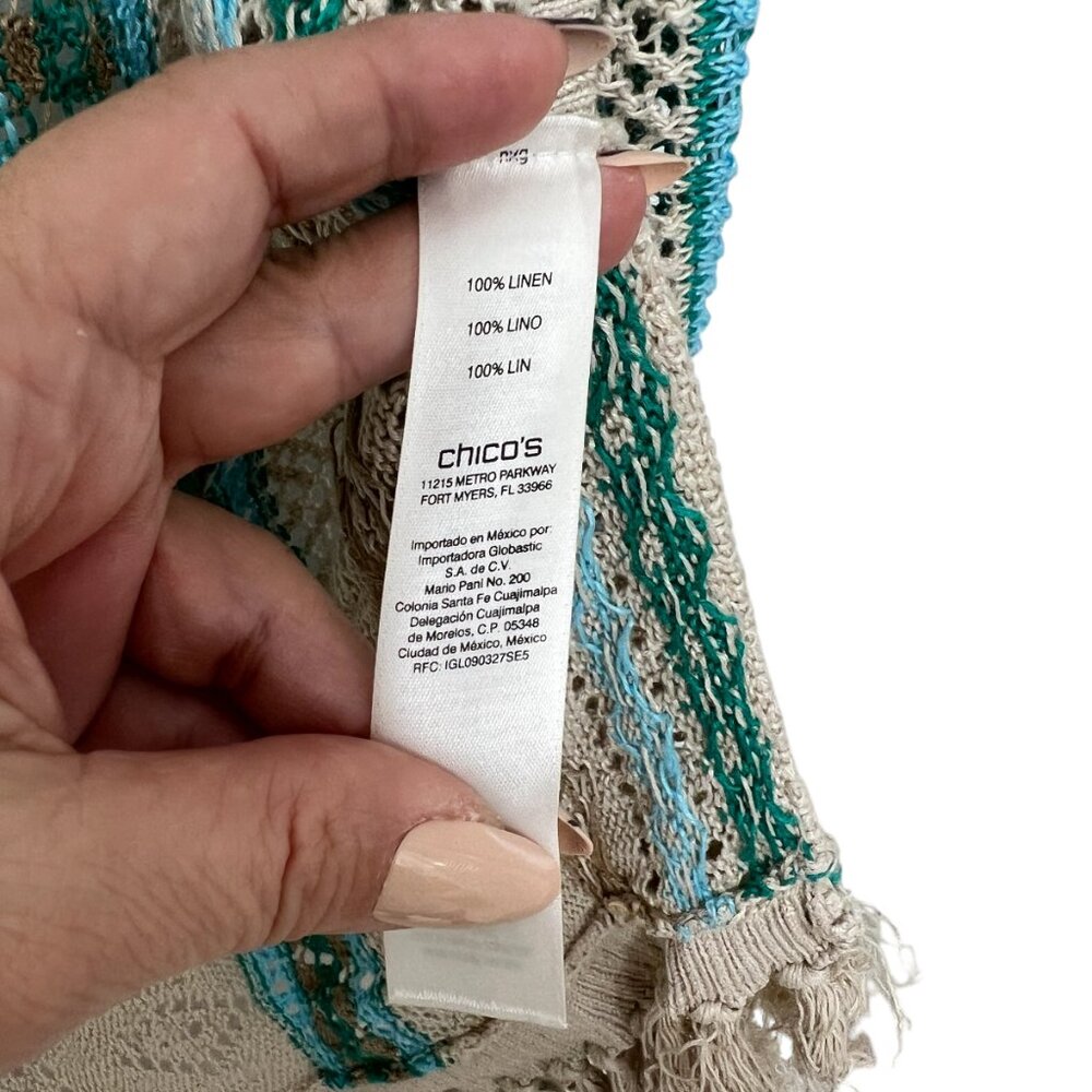 Chico's 100% linen crochet Teal Mix Fringe Detail Cardigan women's size 2 / L - Picture 5 of 8